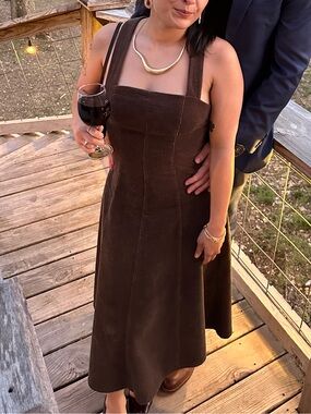 Brown Square-Neck Midi Dress- 100% cotton